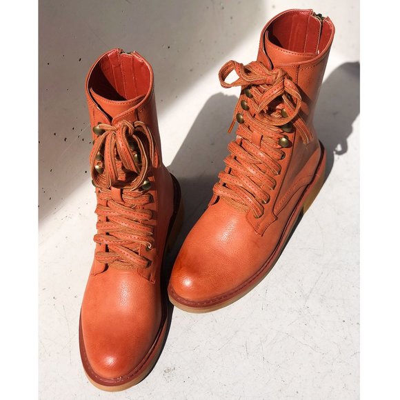 NEW Cognac Orange Laced Up Zipper Back Wooden Heel Mid Calf Ankle Combat Boots - Picture 3 of 13